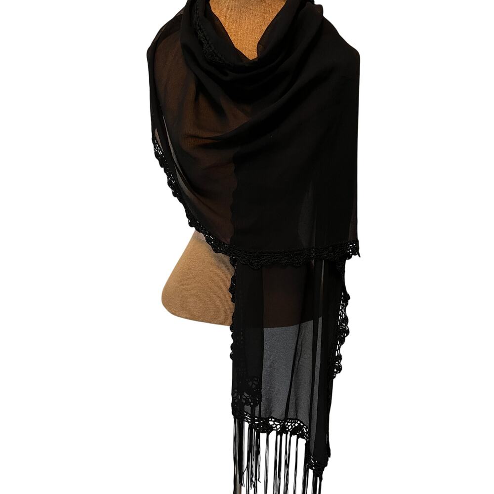 Vintage black sheer mesh lace tassel fringe scarf wrap shawl goth dark romantic